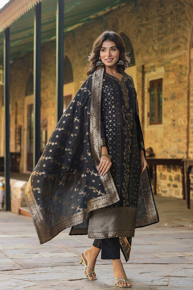 Black Poly Chanderi Floral Straight Suit Set PKSKD1975