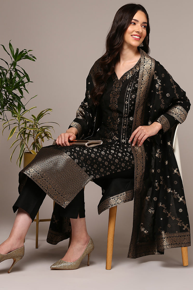 Black Poly Chanderi Floral Straight Suit Set PKSKD1975