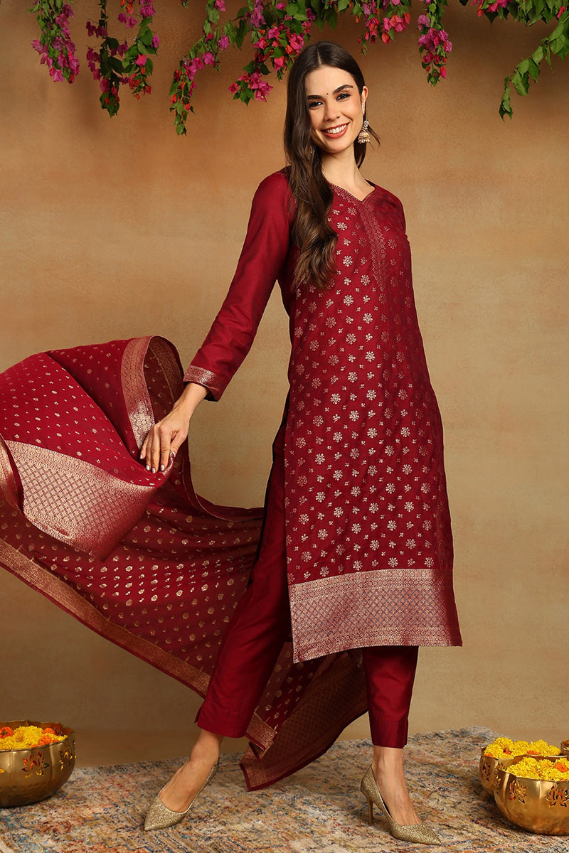 Red Poly Chanderi Woven Design Straight Suit Set PKSKD1977