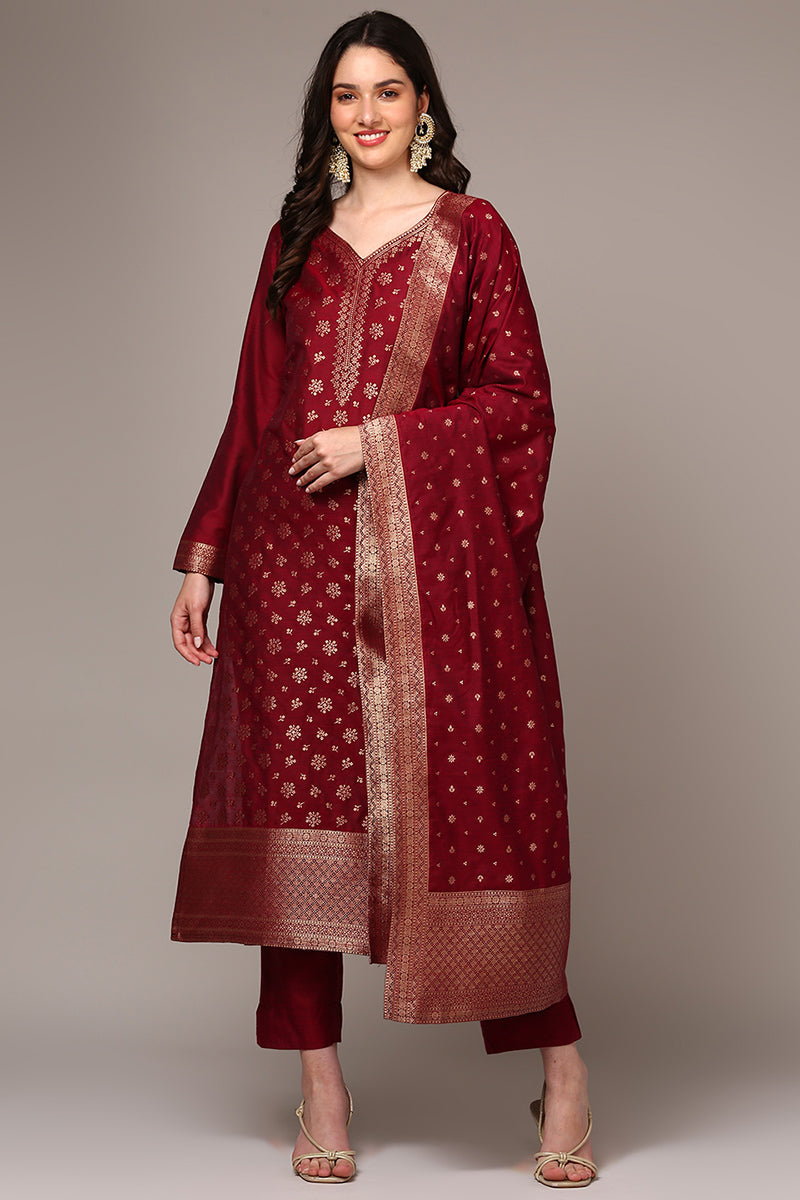 Plus Size Red Poly Chanderi Woven Design Straight Suit Set PKSKD1977