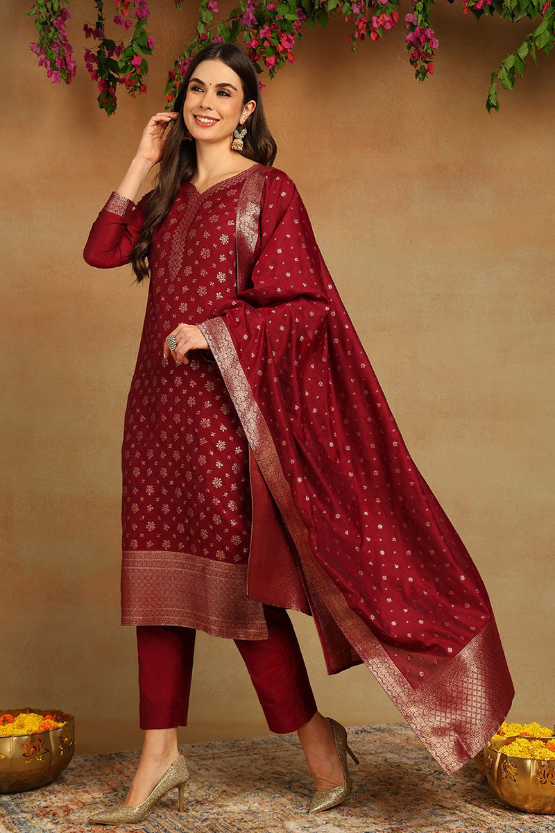 Red Poly Chanderi Woven Design Straight Suit Set PKSKD1977