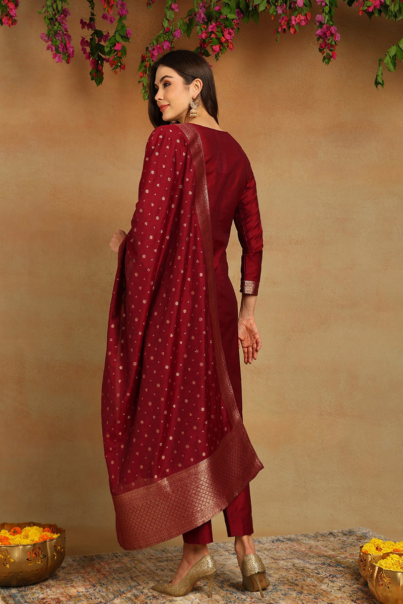 Red Poly Chanderi Woven Design Straight Suit Set PKSKD1977