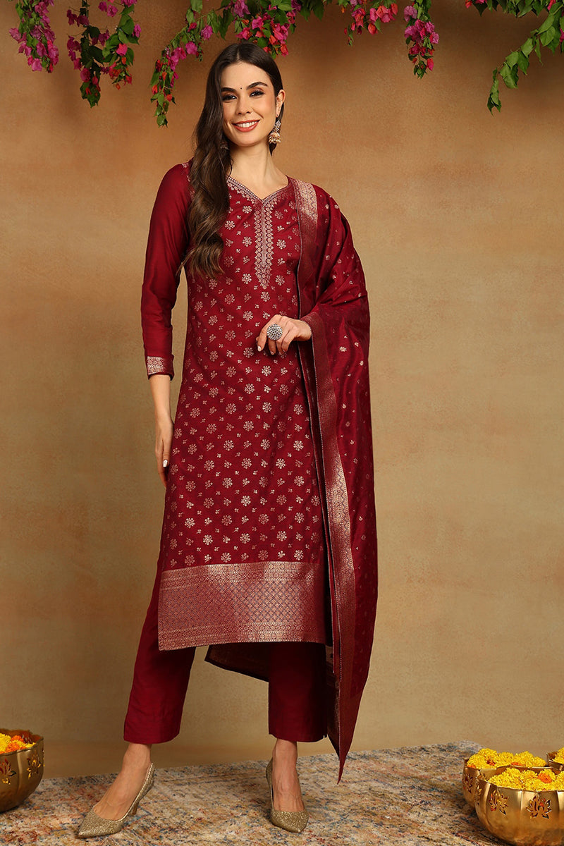 Red Poly Chanderi Woven Design Straight Suit Set PKSKD1977