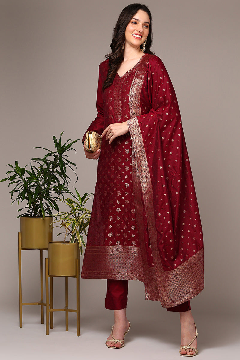 Red Poly Chanderi Woven Design Straight Suit Set PKSKD1977