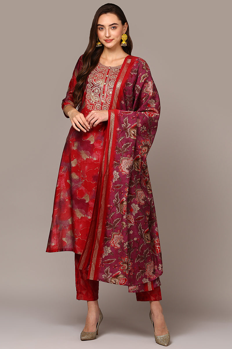 Maroon Silk Blend Printed Straight Suit Set PKSKD1987