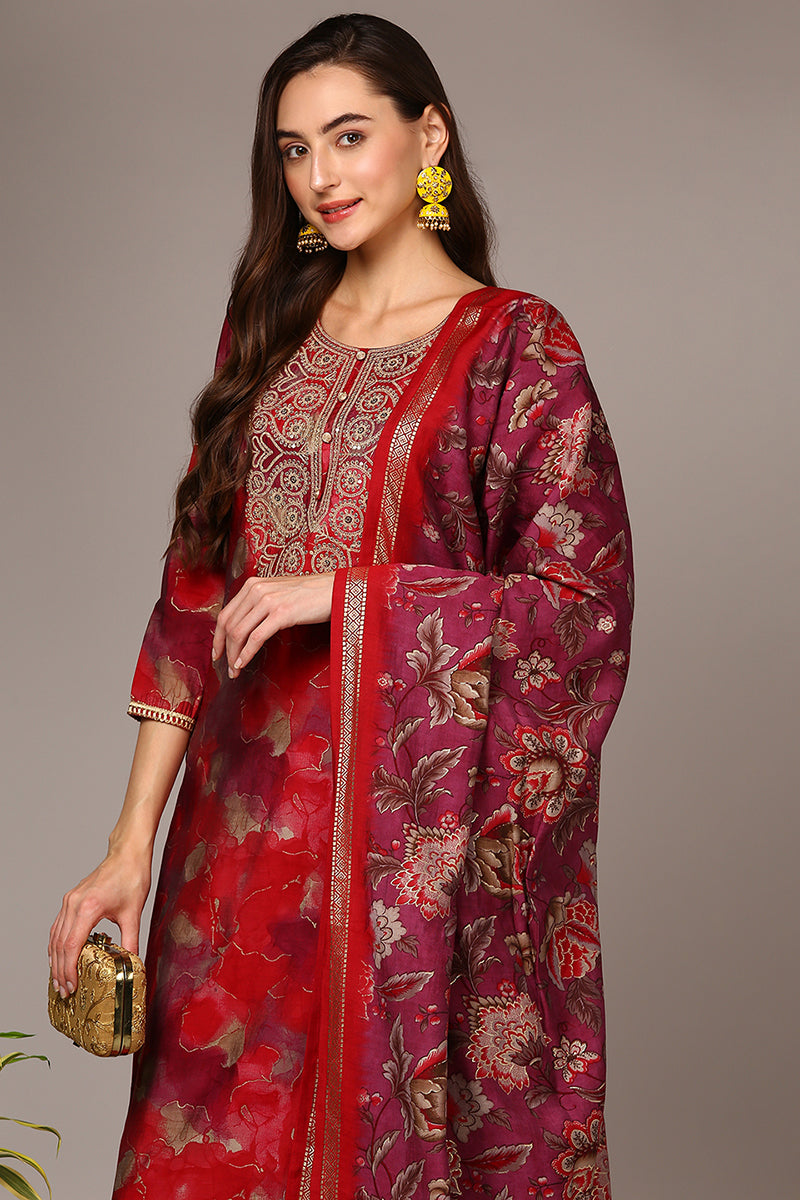 Maroon Silk Blend Printed Straight Suit Set PKSKD1987