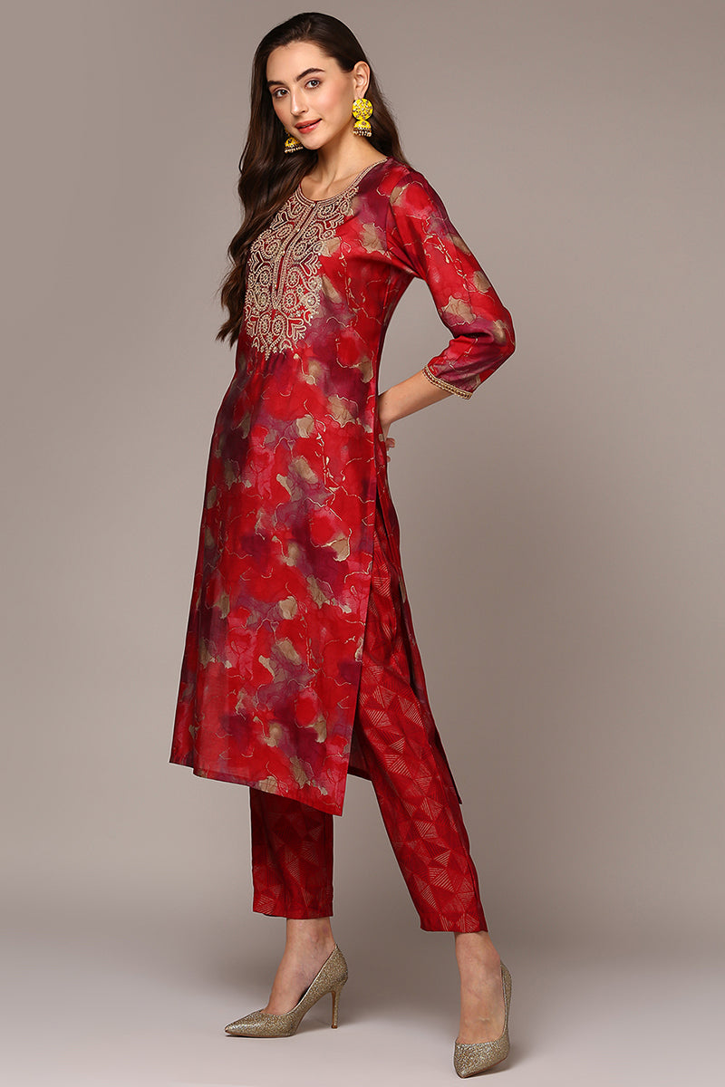 Maroon Silk Blend Printed Straight Suit Set PKSKD1987