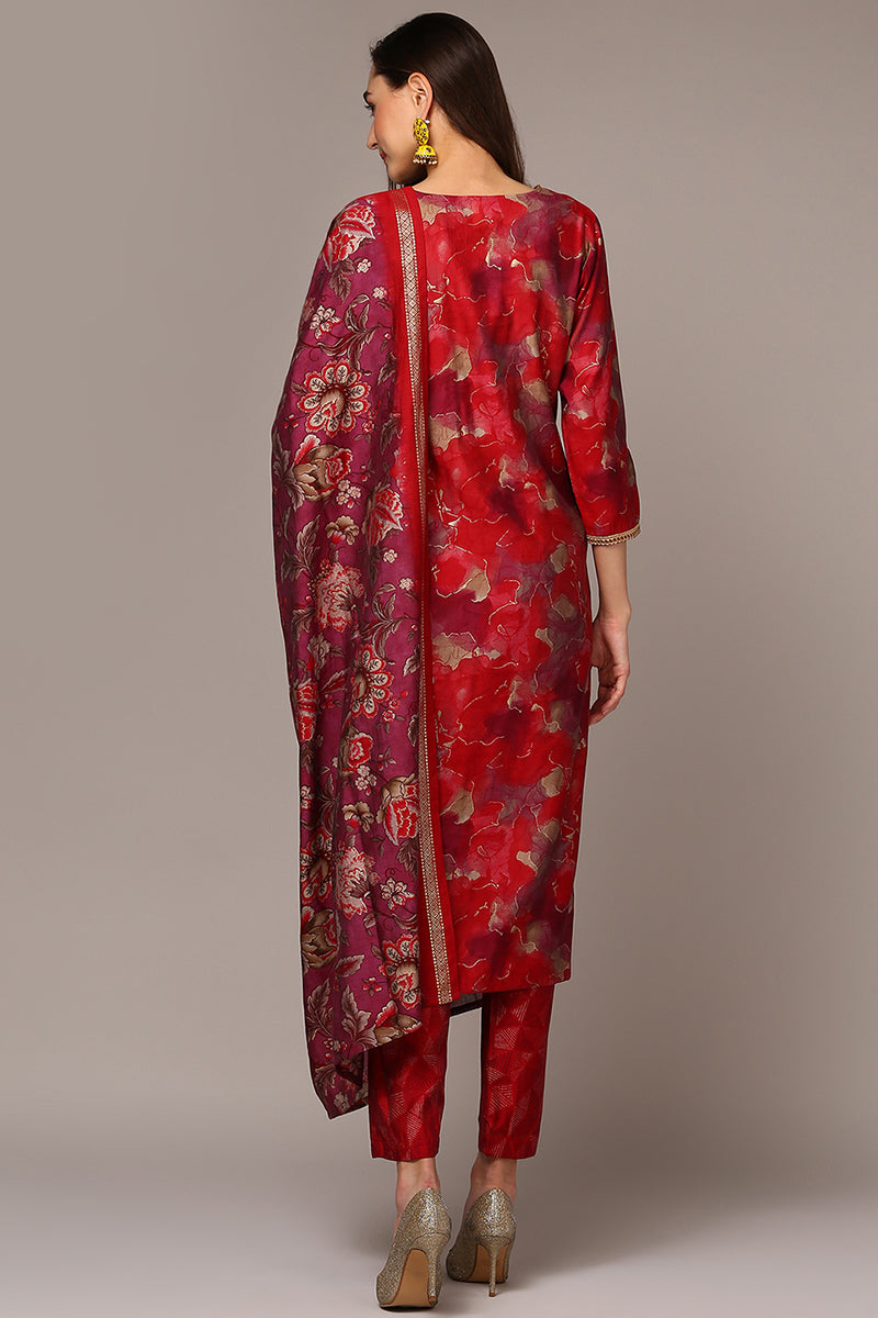 Maroon Silk Blend Printed Straight Suit Set PKSKD1987