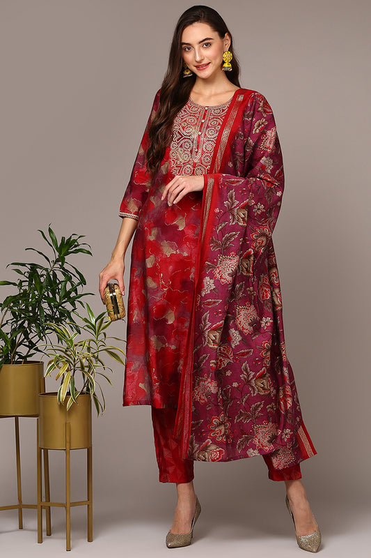 Maroon Silk Blend Printed Straight Suit Set PKSKD1987