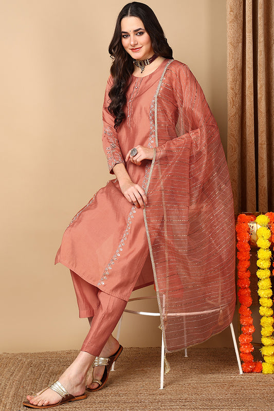 Orange Silk Blend Solid Straight Suit Set PKSKD1989