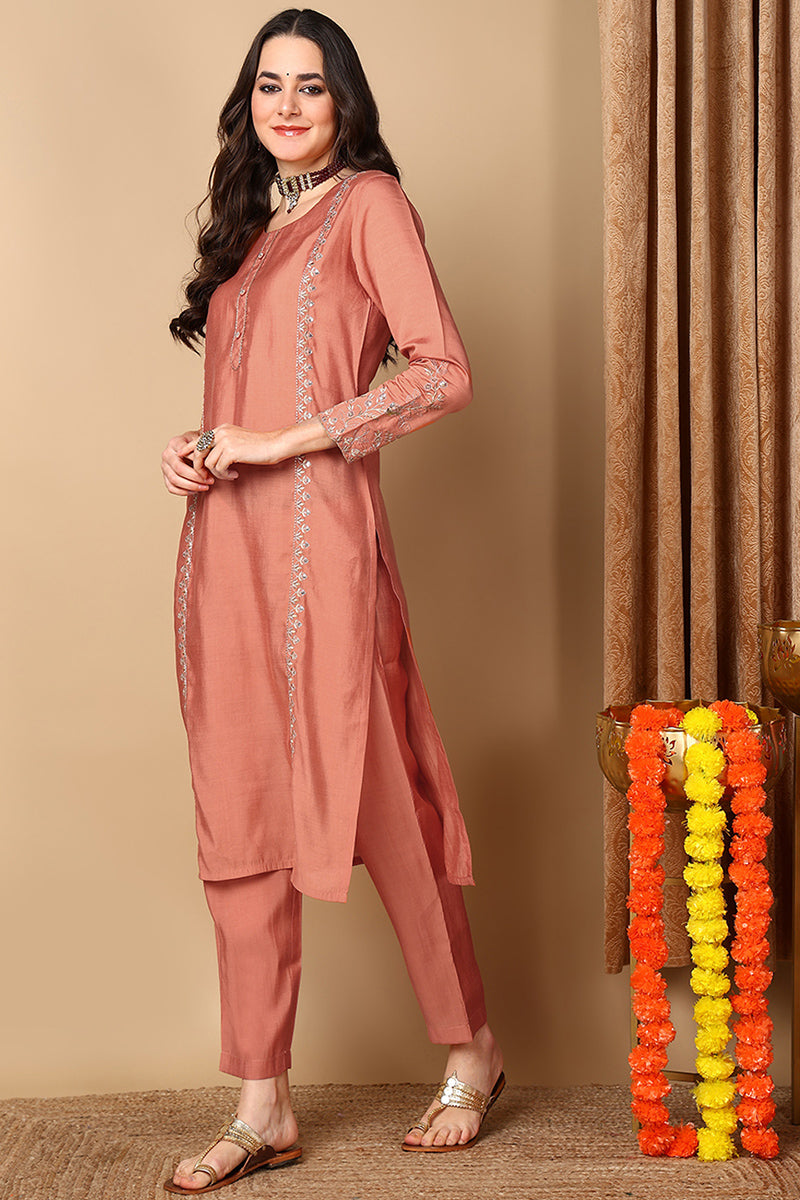 Orange Silk Blend Solid Straight Suit Set PKSKD1989