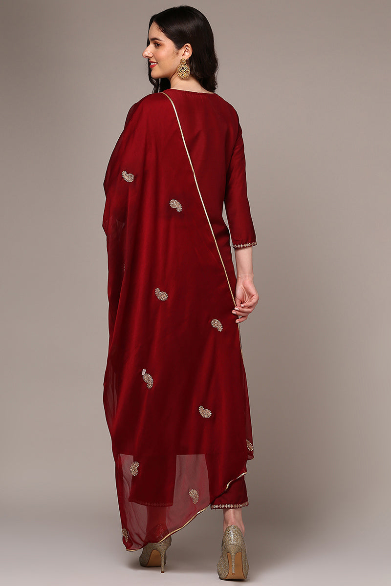 Maroon Silk Blend Yoke Design Straight Suit Set PKSKD1990