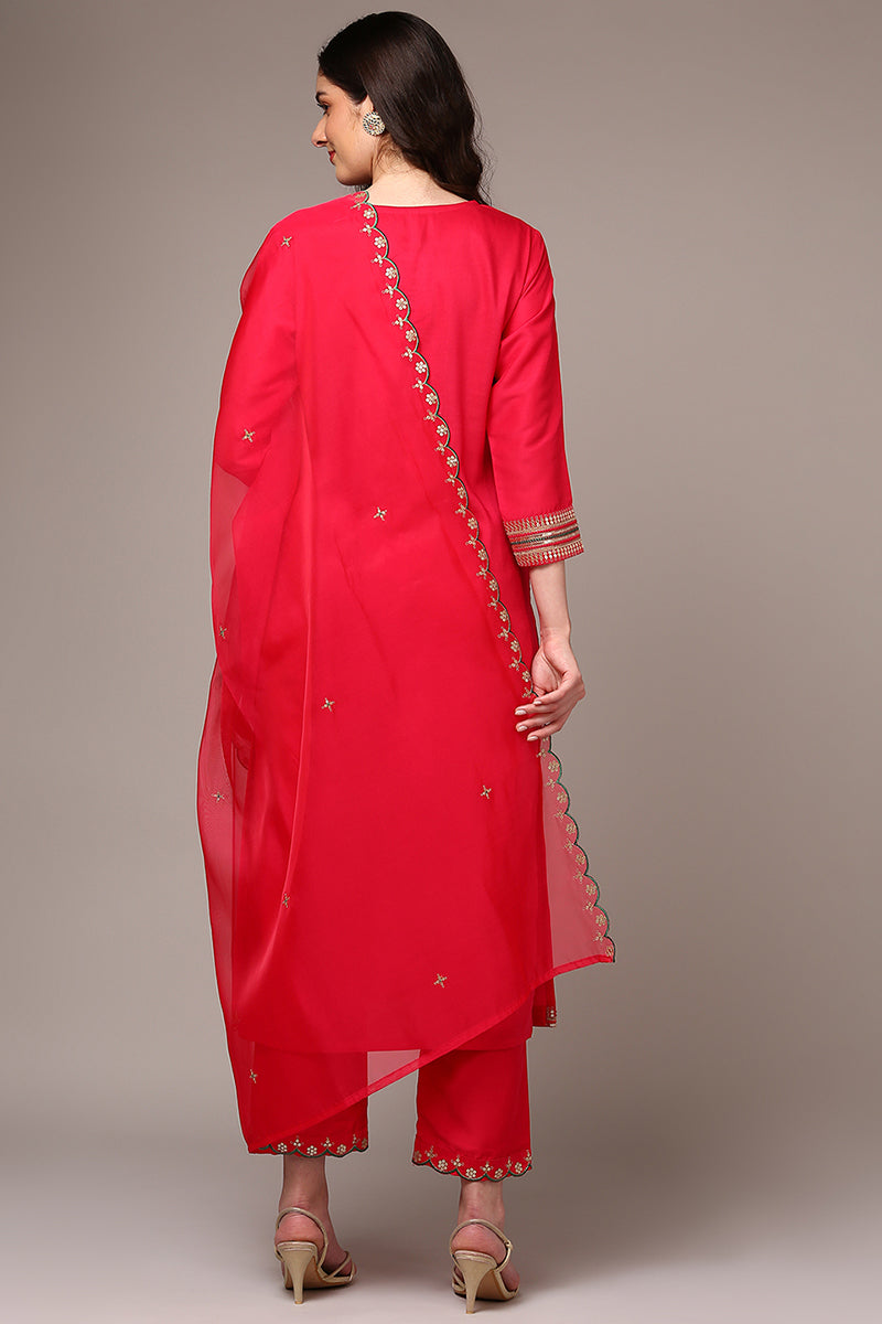 Pink Silk Blend Yoke Design Straight Suit Set PKSKD1992