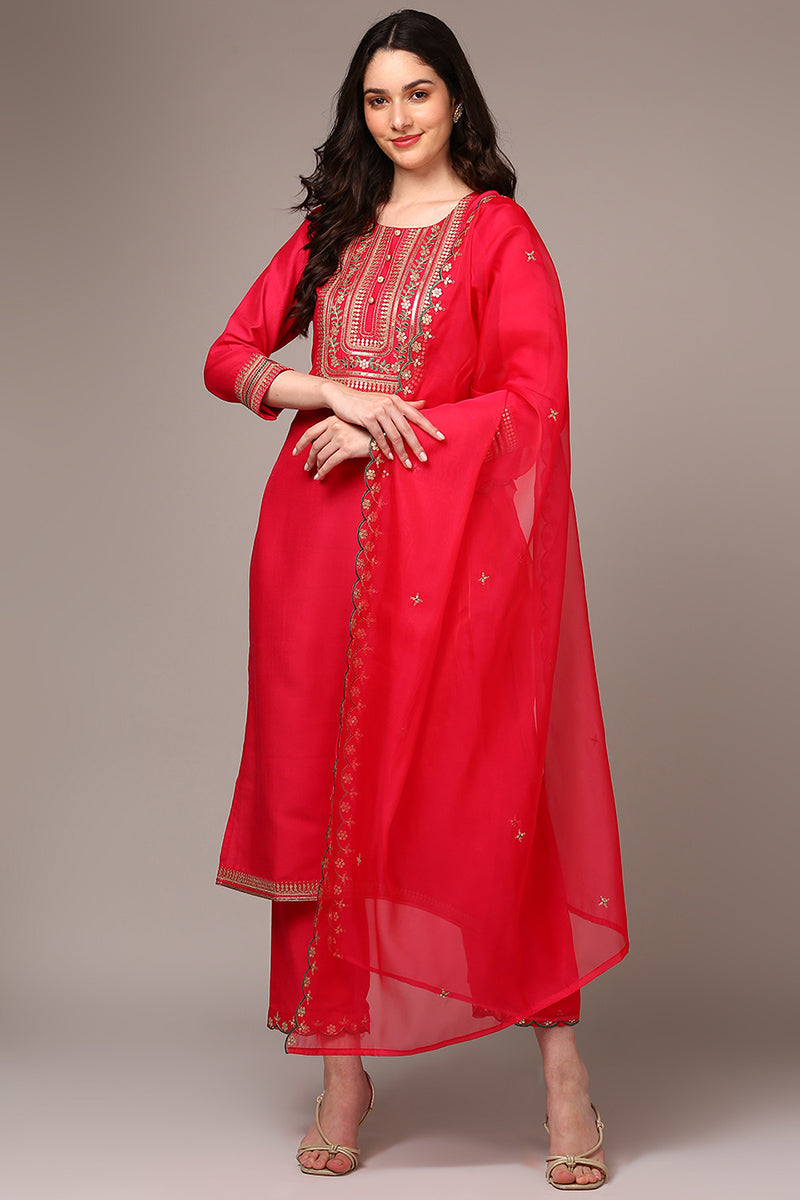 Pink Silk Blend Yoke Design Straight Suit Set PKSKD1992