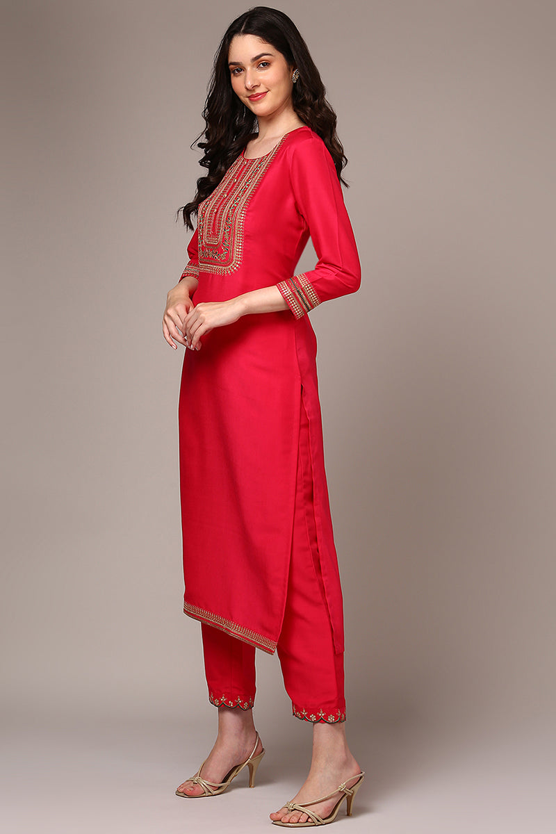 Pink Silk Blend Yoke Design Straight Suit Set PKSKD1992