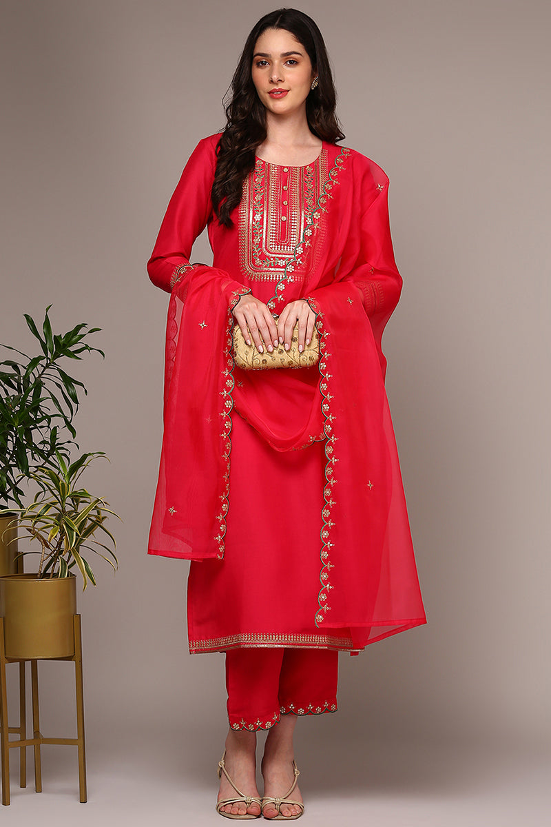 Pink Silk Blend Yoke Design Straight Suit Set PKSKD1992