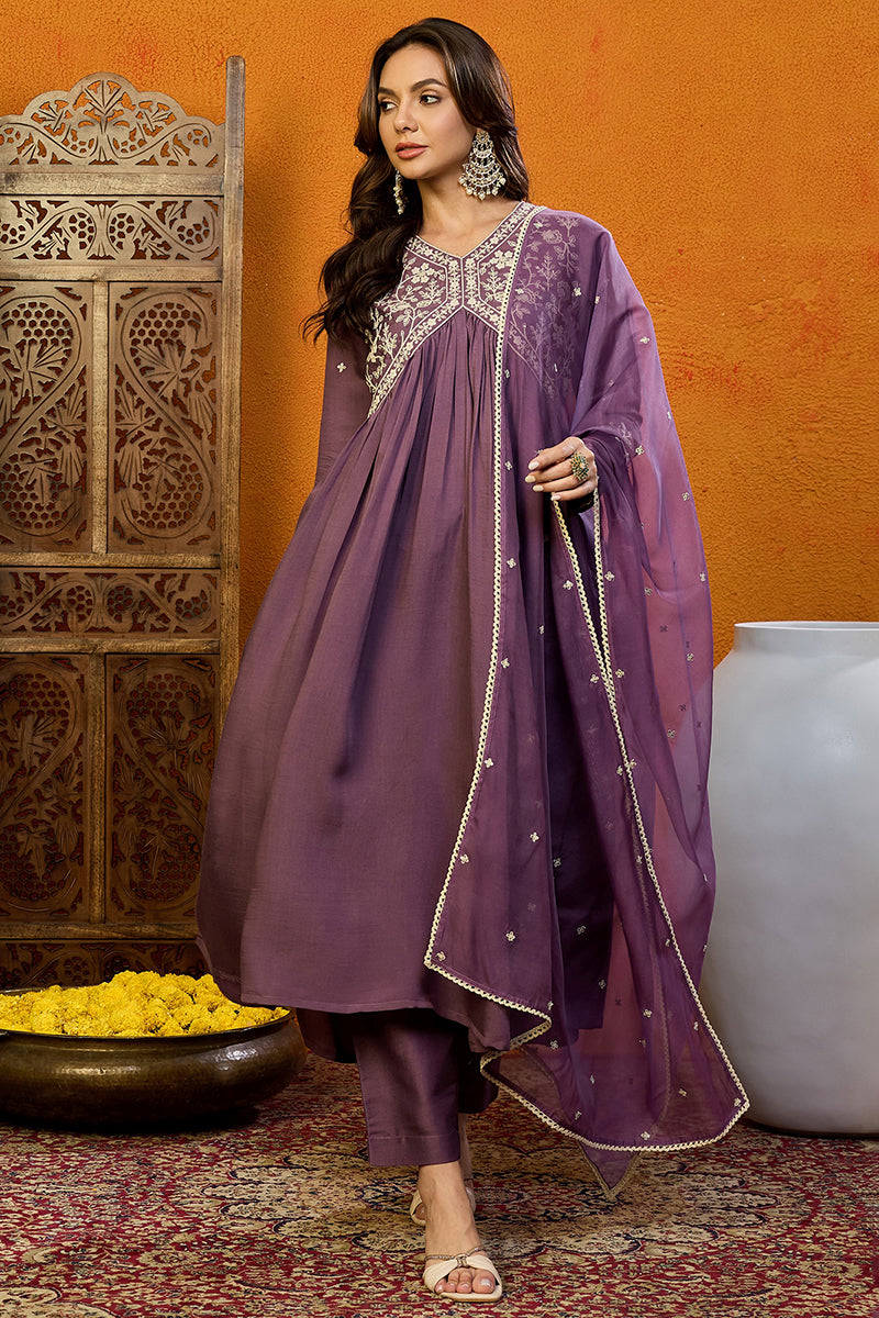 Purple Silk Blend Embroidered Anarkali Suit Set PKSKD1998