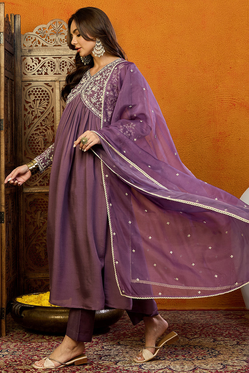 Purple Silk Blend Embroidered Anarkali Suit Set PKSKD1998