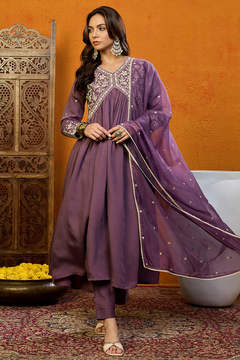 Purple Silk Blend Embroidered Anarkali Suit Set PKSKD1998