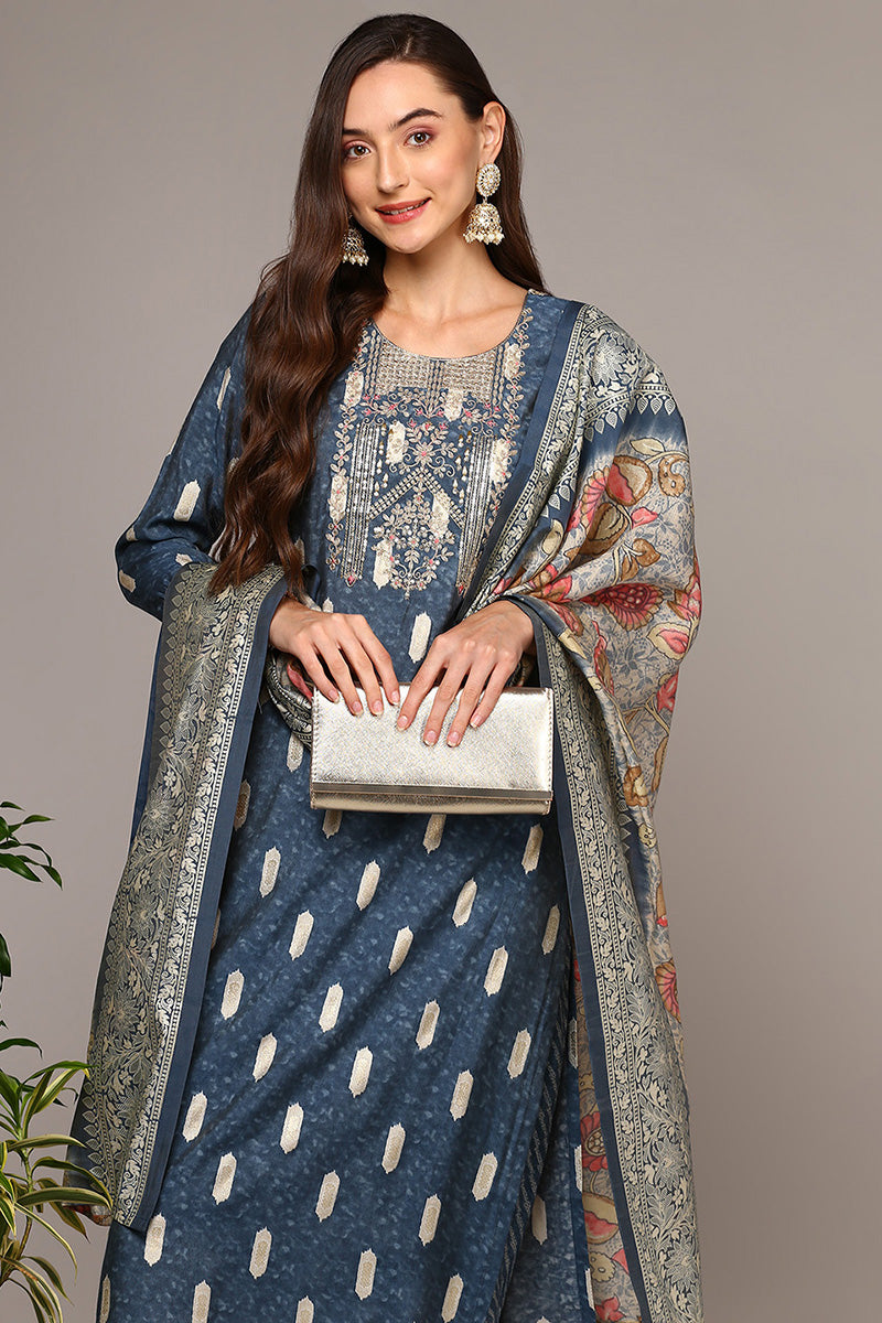 Blue Silk Blend Embroidered Straight Suit Set PKSKD1999