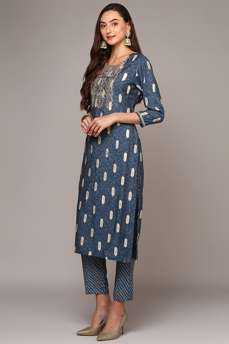 Blue Silk Blend Embroidered Straight Suit Set PKSKD1999