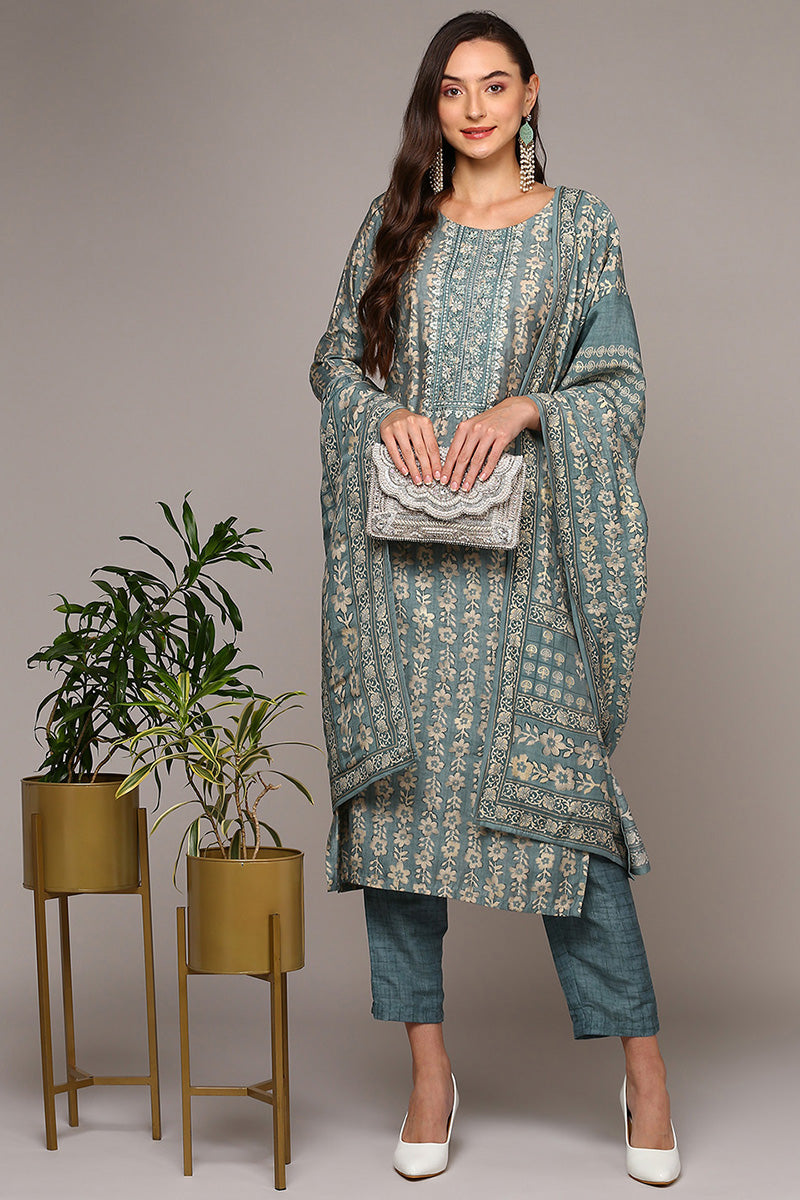 Grey Silk Blend Printed Straight Suit Set PKSKD2001