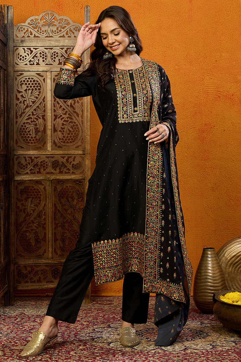 Black Silk Blend Solid Straight Suit Set PKSKD2003