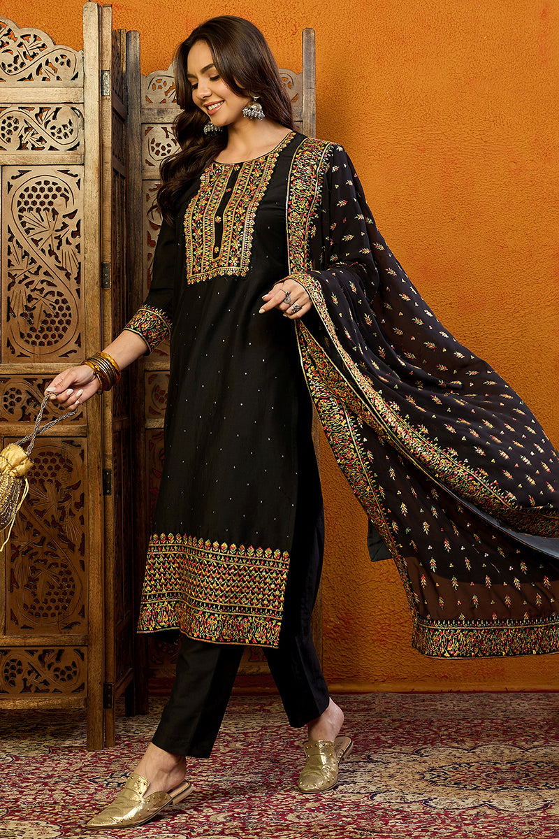 Black Silk Blend Solid Straight Suit Set PKSKD2003