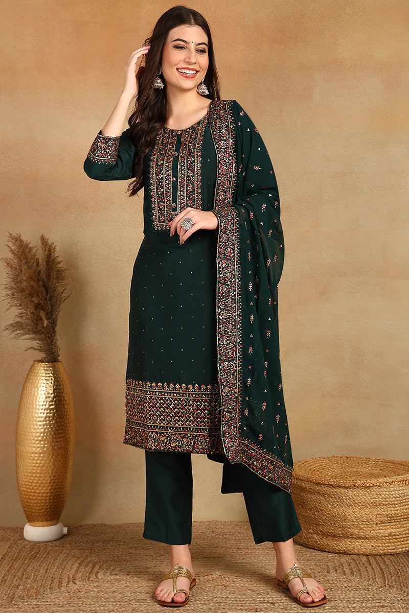 Green Silk Blend Solid Straight Suit Set PKSKD2005