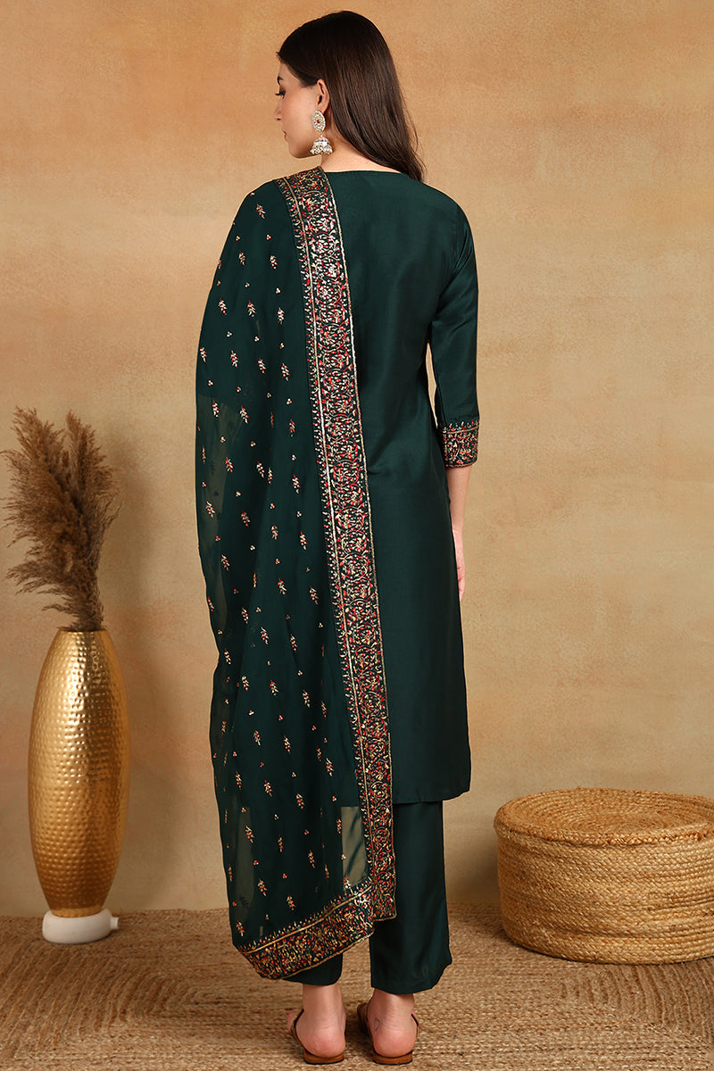 Green Silk Blend Solid Straight Suit Set PKSKD2005