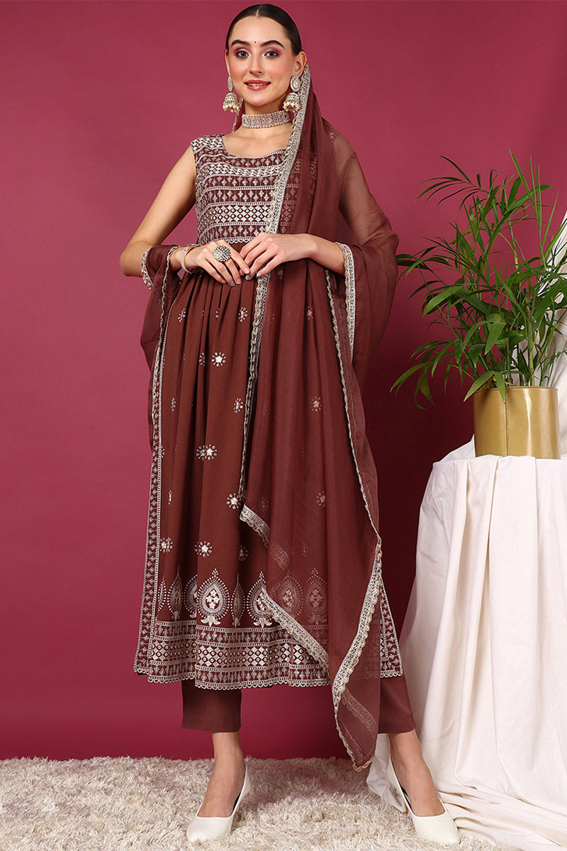 Rust Red Poly Georgette Solid Embroidered Straight Suit Set PKSKD2008