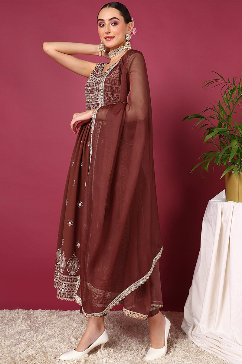 Rust Red Poly Georgette Solid Embroidered Straight Suit Set PKSKD2008