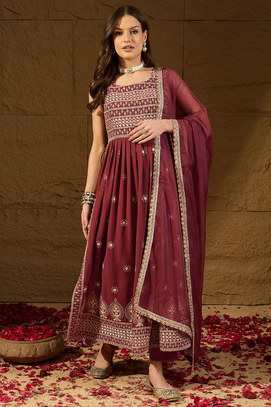 Rust Red Poly Georgette Solid Embroidered Straight Suit Set PKSKD2008
