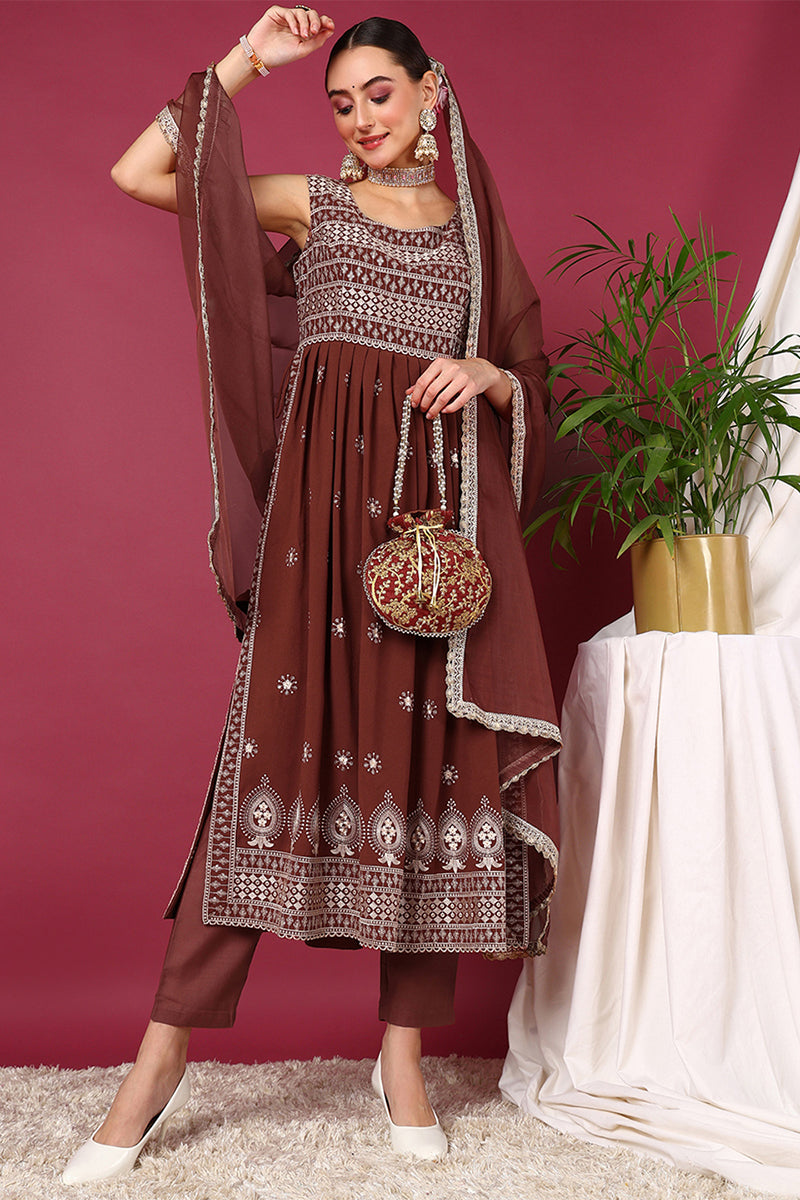 Rust Red Poly Georgette Solid Embroidered Straight Suit Set PKSKD2008