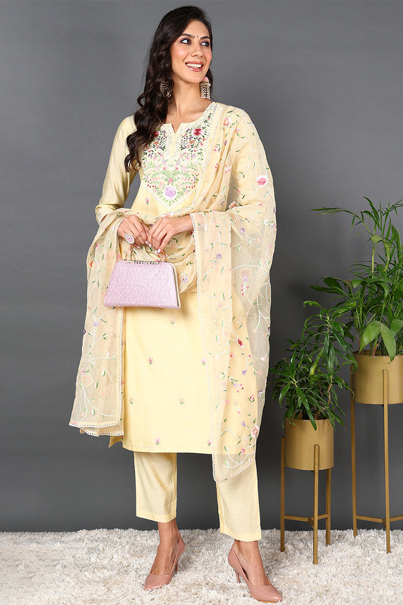Yellow Silk Blend Solid Embroidered Straight Suit Set PKSKD2011