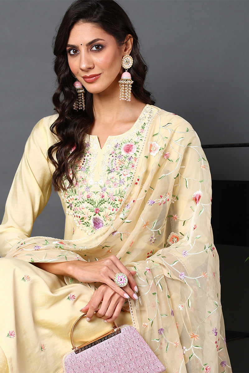 Plus Size Yellow Silk Blend Solid Embroidered Straight Suit Set PKSKD2011