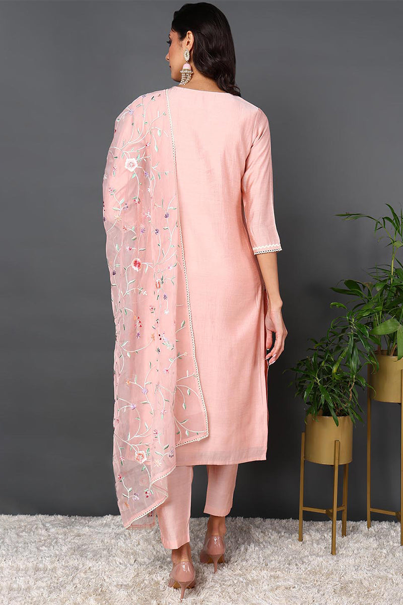 Plus Size Pink Silk Blend Solid Embroidered Straight Suit Set PKSKD2012