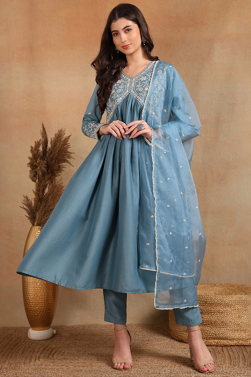 Blue Silk Blend Solid Embroidered Anarkali Suit Set PKSKD2013