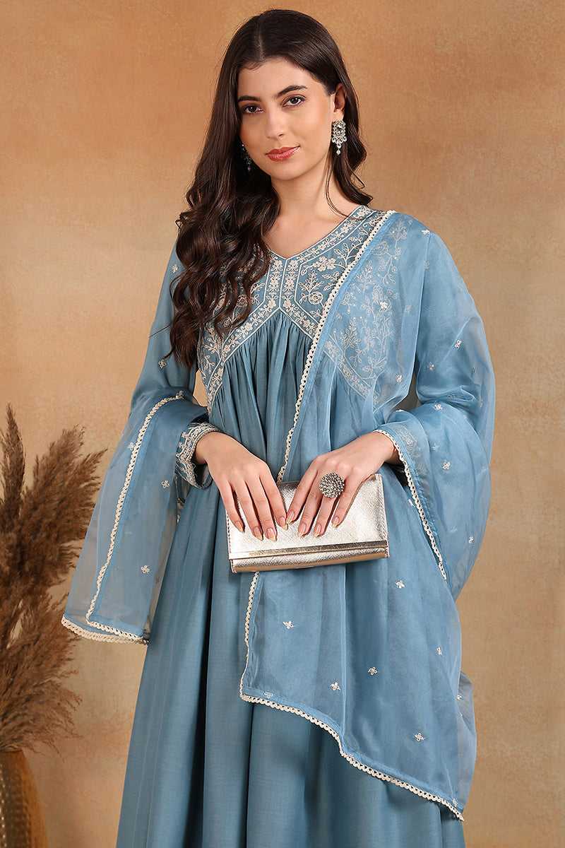 Blue Silk Blend Solid Embroidered Anarkali Suit Set PKSKD2013