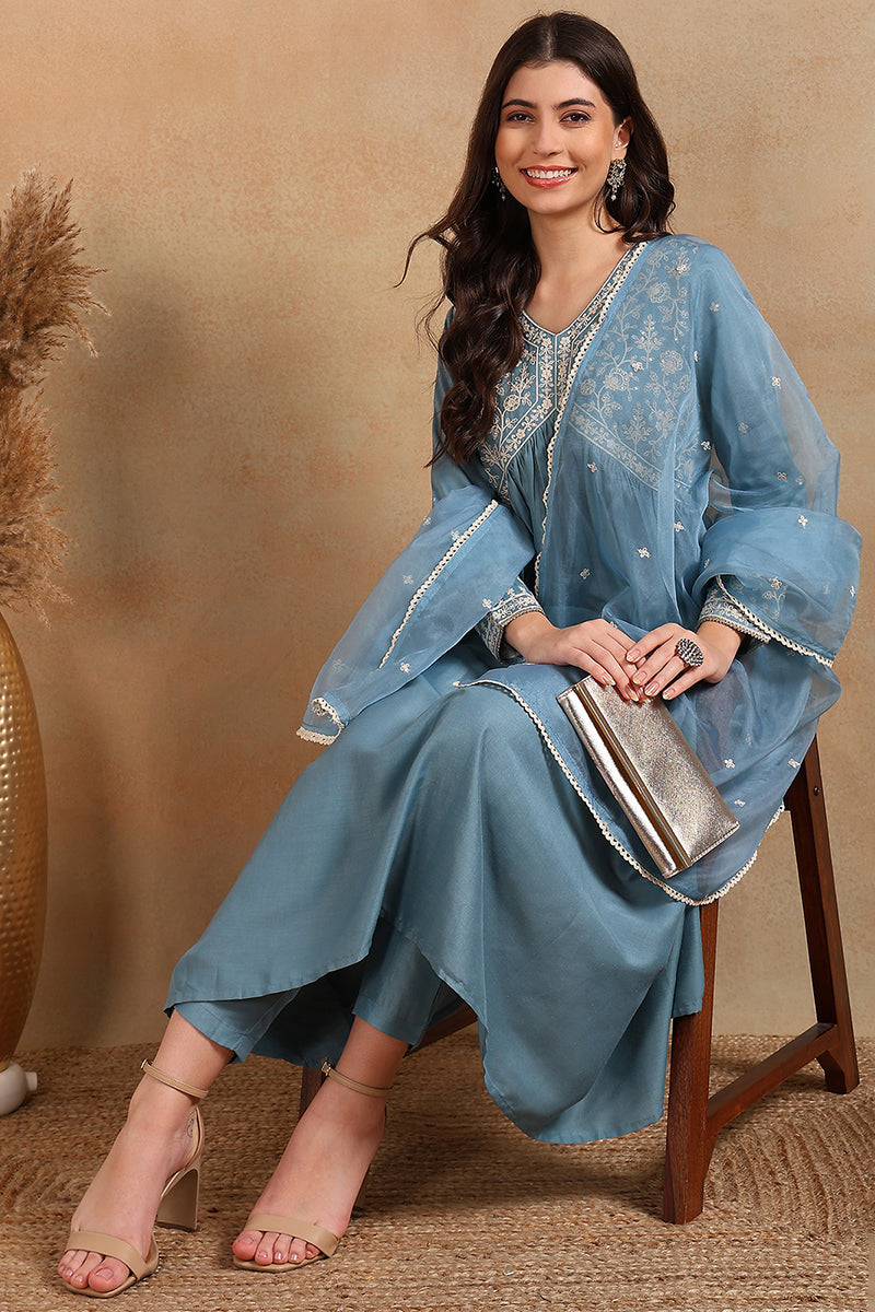 Blue Silk Blend Solid Embroidered Anarkali Suit Set PKSKD2013