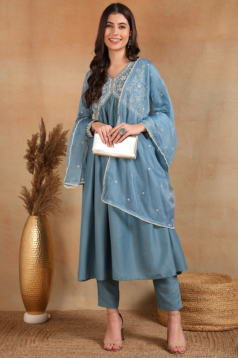 Blue Silk Blend Solid Embroidered Anarkali Suit Set PKSKD2013