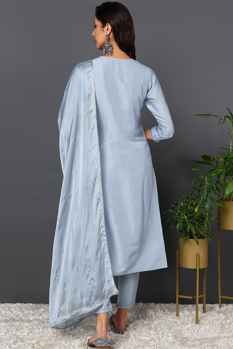 Plus Size Blue Silk Blend Solid Embroidered Straight Suit Set PKSKD2017