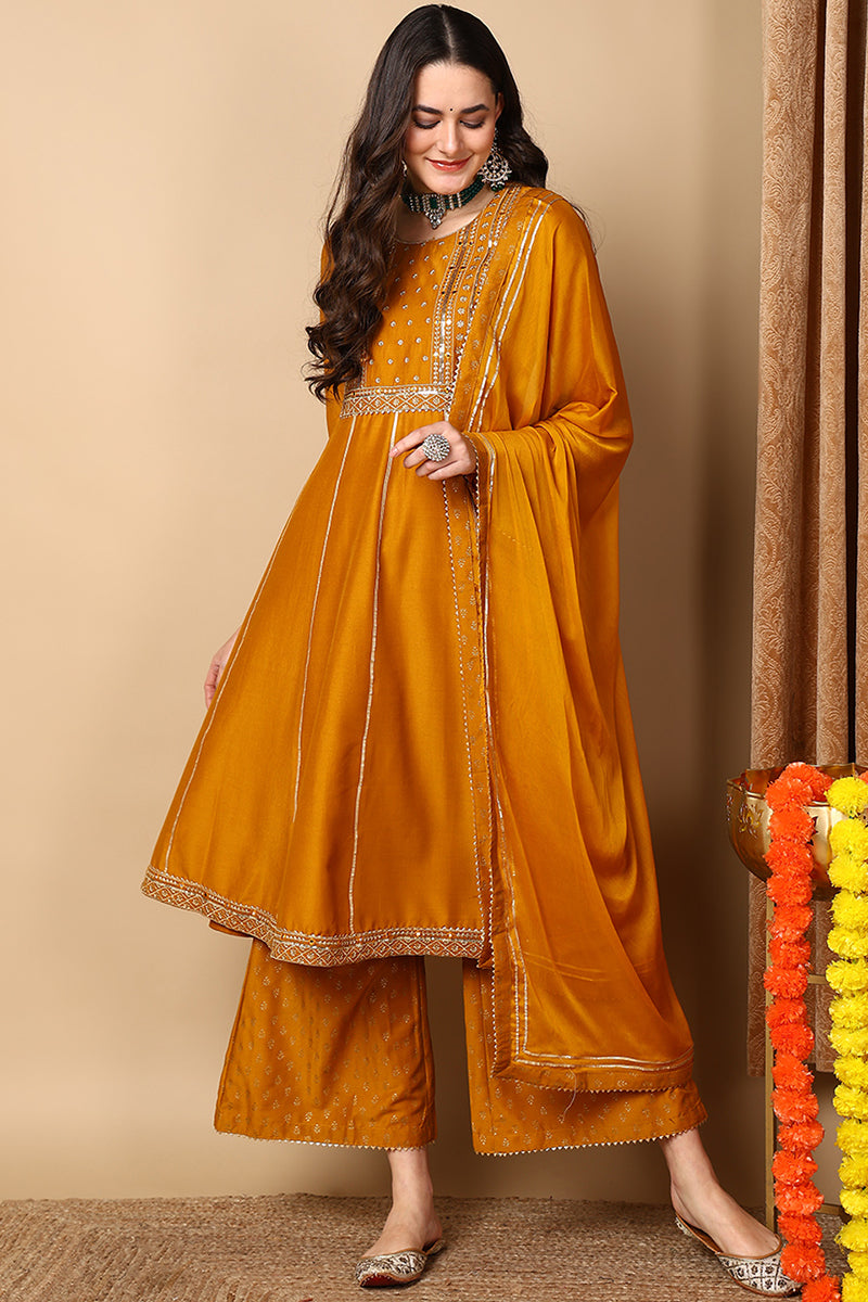 Mustard Yellow Silk Blend Solid Embroidered Anarkali Suit Set PKSKD2022