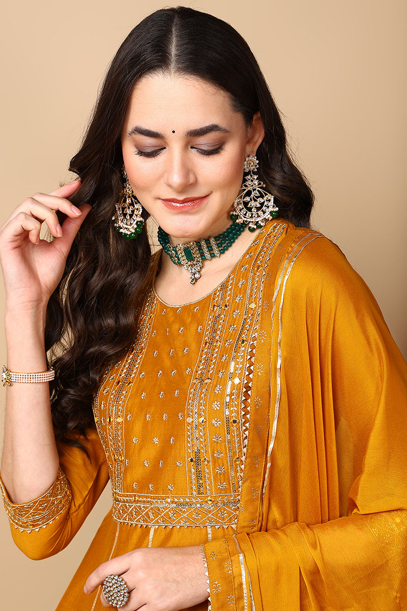 Mustard Yellow Silk Blend Solid Embroidered Anarkali Suit Set PKSKD2022