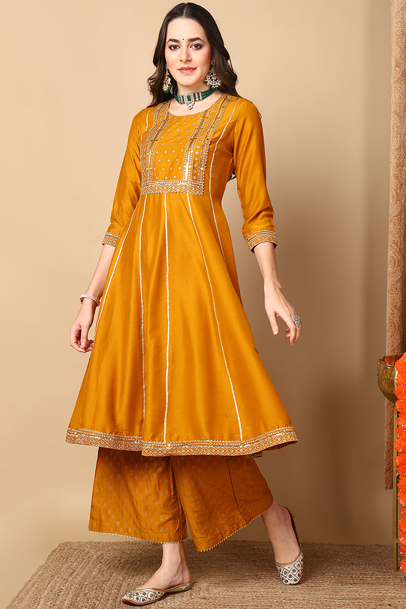 Mustard Yellow Silk Blend Solid Embroidered Anarkali Suit Set PKSKD2022