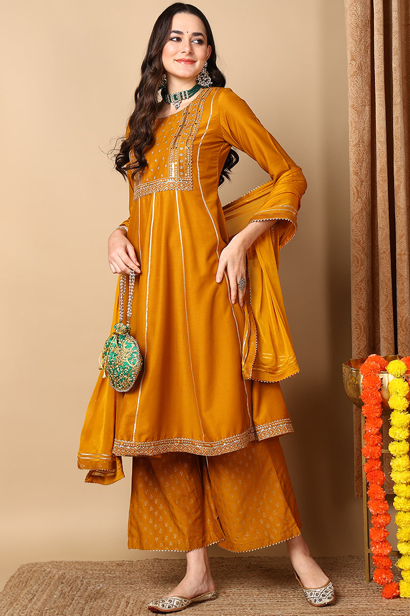 Mustard Yellow Silk Blend Solid Embroidered Anarkali Suit Set PKSKD2022