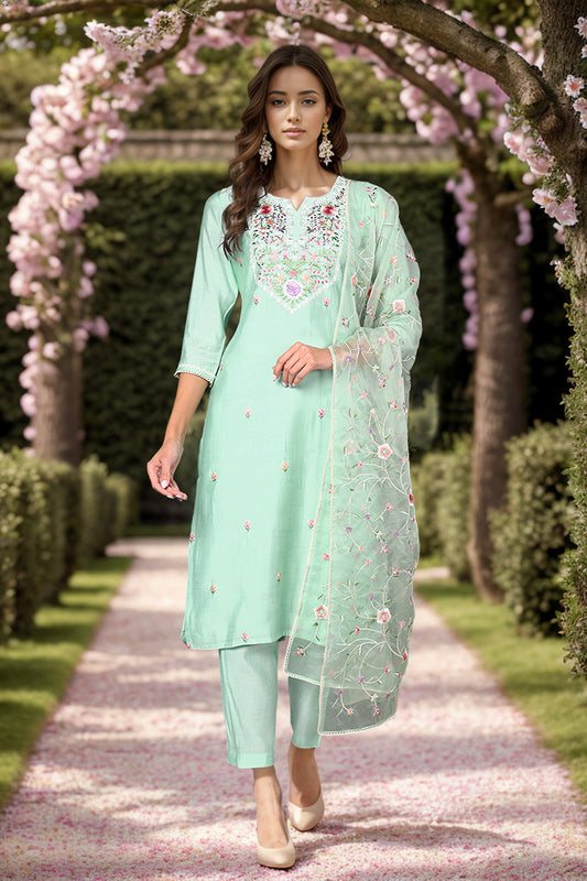 Green Silk Blend Solid Embroidered Straight Style Suit Set PKSKD2027