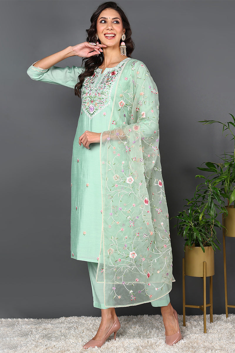 Green Silk Blend Solid Embroidered Straight Style Suit Set PKSKD2027 – Ahika