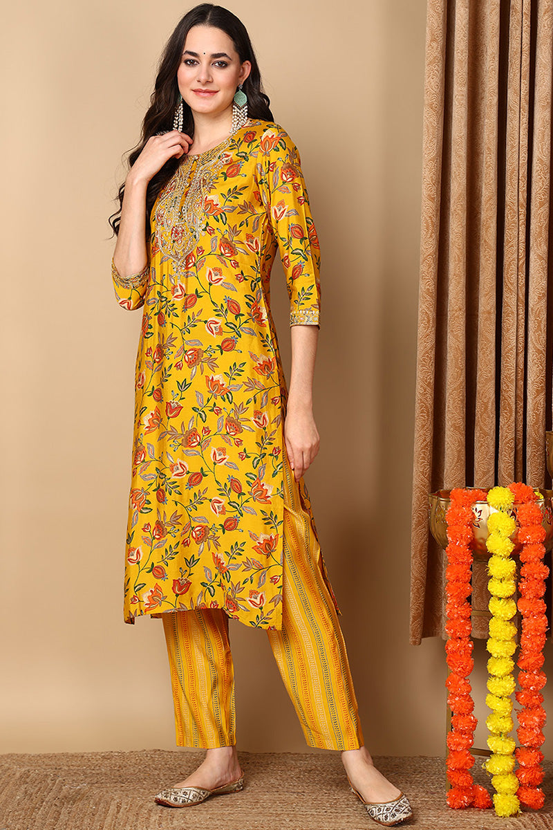 Yellow Silk Blend Floral Printed Straight Style Suit Set PKSKD2034