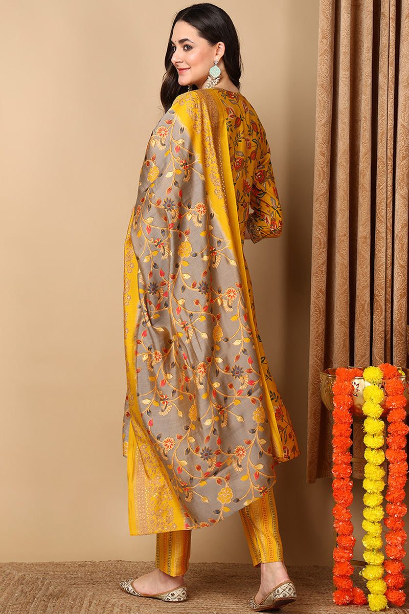Yellow Silk Blend Floral Printed Straight Style Suit Set PKSKD2034